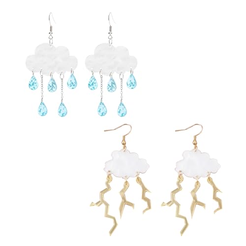 Ximimark 2pc Cute Creative Raindrops Fashion Water Drops Earrings+Acrylic Cloud Lightning Design Dangle Earrings Personality Funny Creative Ear Jewelry Retro Cute Sweet Style Charming Female Gift
