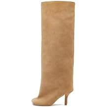 Suede Wide Calf Knee High Boots with Slim High Heels Square Toe Stiletto Straight Tall Slouchy Boots