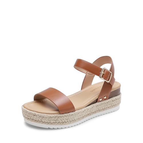 DREAM PAIRS Women's Platform Espadrilles Wedge Sandals, Comfortable Open Toe One Band Sandals for Women Dressy Casual Summer 6 Brown