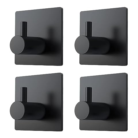 PNWNNH Adhesive Towel Hooks Heavy Duty Stick on Wall Hooks Shower Hooks for Bathroom Kitchen Door, 4 Pack, Matte Black Cover