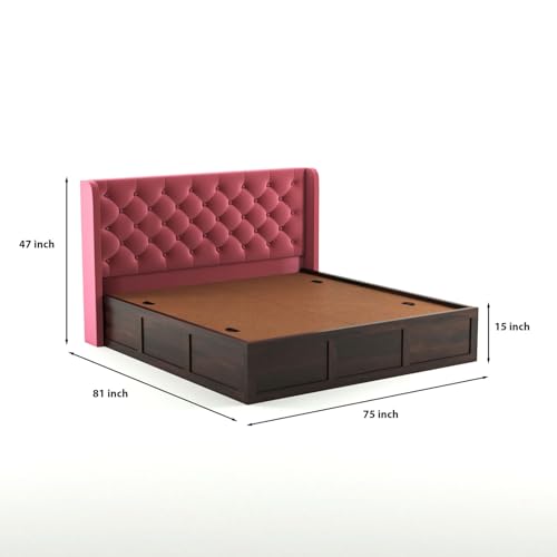 Image of Solid Sheesham Wood King Size Bed with Storage | Wooden Double Bed Cot Bed with Box Storage & Velvet Upholstered Cushioned Headboard for Bedroom (Walnut A, King)