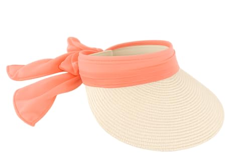 Straw Sun Visor with Scarf Bow and Adjustble Back (US, Alpha, One Size, Coral)