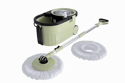 Image of Bonkaso Spin Mop with Stainless Steel Wringer & Big Wheels | 360 Rotating Mop, Adjustable Handle | Easy Floor Cleaning Bucket Set with 2 Microfiber Refills - Mint Green & Black (46 x 26.5 x 23 cm)