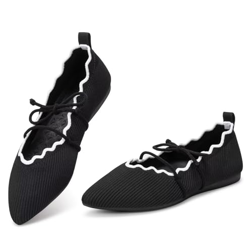 BEJINASH Women's Knitted Flats Pointed Toe Slip On Womens Shoes with Ruffled Vamp Elastic Rope Design for Casual Daily Ballets Shoes