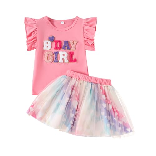 LUVCES Conjunto Ropa de Cumpleaños Para Niña Pequeña Mangas Volantes Bordada Camiseta y Faldas de Tul Coloridas para Fiesta de Cumpleaños de Verano Rosa BDAY GIRL 3 4 Años