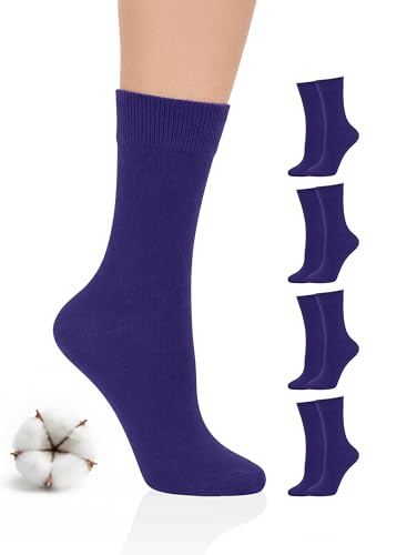 Hugh Ugoli Womens Cotton Crew Socks Plain Color Regular Fit Soft Casual Socks for Trouser 4 Pairs Purple Shoe Size: 6-9