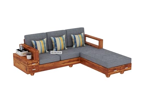 Image of Sheesham Wood 4 Seater L Shape Sofa Set with 2 Drawer Storage | 3+1 Wooden Sofa Set Furniture for Living Room Home Office (L Shape,Honey Finish)