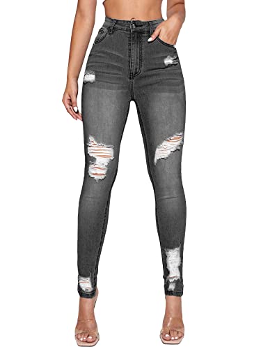 Floerns Women's Ripped High Waist Skinny Jeans Distressed Stretchy Curvy Denim Pants