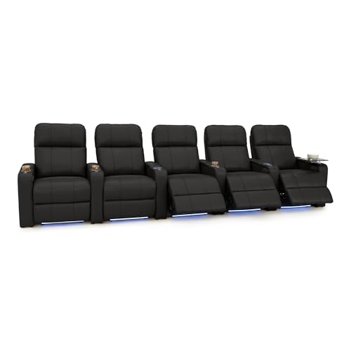 Image of Seatcraft Monterey Home Theater Seating Black Row of 5 | Italian Leather, Wall Hugger, Zero Gravity, Powered Headrest, Power Recline, Zero Gap, USB charging