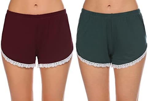 Ekouaer Sleeping Shorts for Women Soft Cotton Pj Lounge Pants Summer Cute Lace PJ Bottoms(Wine Red+Green, Small)