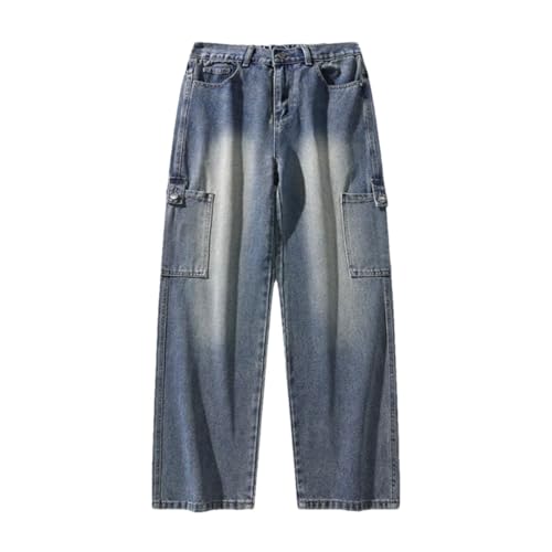 Men's High Street Big Pocket Work Jeans Loose Wide Leg Straight Pants