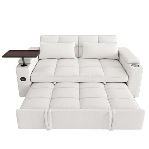 Image of Dreamzie 65'' Convertible Sleeper Sofa Bed with 90 Swivel Side Table, Chenille Pull Out Couch for Living Room, Loveseat Sleeper with Hidden Storage Space | Charging Port | Cup Holders, Beige