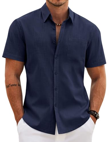 Image of COOFANDY Men's Button Down Short Sleeve Shirt Casual Cotton Summer Beach Wedding Linen Shirts with Pocket