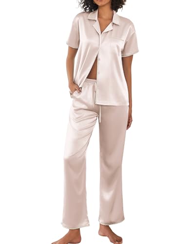 Ekouaer Silk Pajamas for Women Set Satin Two Piece Pjs Sets Ric Rac Trim Contrast Loungewear...
