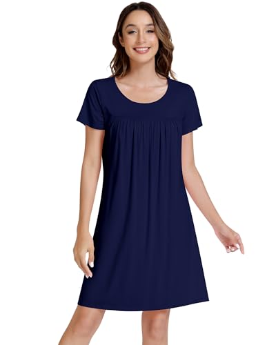 Image of NACHILA Bamboo Viscose Nightgown for Women Short Sleeve Crew Neck Sleepwear