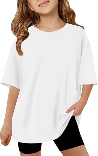 ZDC Girls Short Sleeve T Shirts Kids Summer Oversized Tops Trendy Crewneck Basic Tees 5-14 Years White
