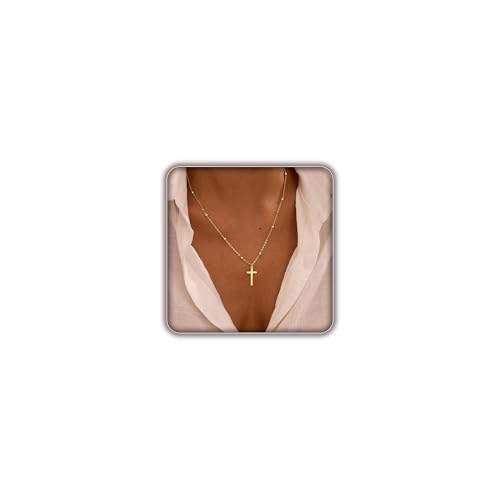De Amo Sara Cross Necklace for Women, Dainty 14K Gold Plated Cross Pendant Simple Long Necklaces for Women, Christian Faith Necklace Trendy Gold Jewelry Gifts for Easter