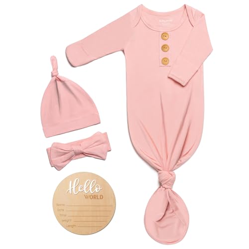 Image of Soft Baby Knot Gown 0-3 Months, Newborn Announcement Sleepers With Mitten Cuffs and Personalized Wooden Name Tag