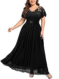 Knitee Women's Plus Size Lace Chiffon V Neck Wedding Party Elegant Butterfly Sleeves Flowy Maxi Dresses Black