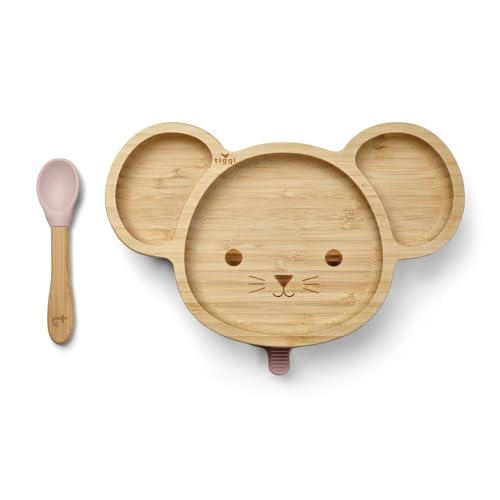 Tiggi Bamboo Baby Plate - Complete Weaning Set Strong Suction BPA-Free Bamboo Plates Ideal Baby Plate for Easy Feeding and Clean-Up (Mouse Dusky Pink)