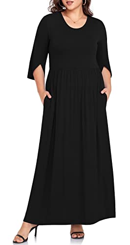 TAOHUADAO Women's Summer Plus Size Dresses Crewneck Ruffle 3/4 Sleeve Casual Maxi Dress