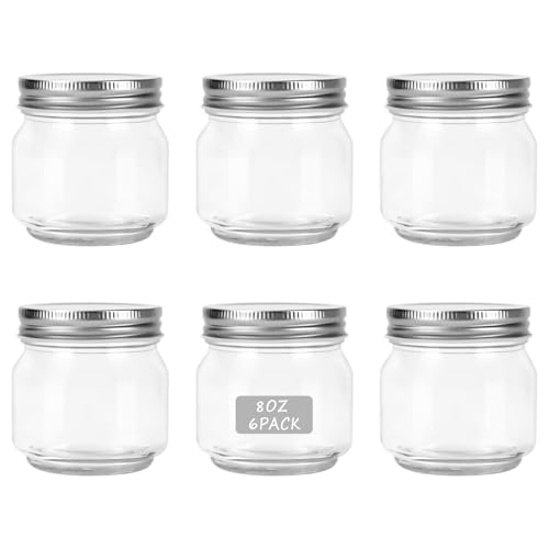 Image of HOXHA 6 Pack Glass Regular Mouth Mason Jars, 8 oz Clear Glass Jars with Lids for Sealing, Canning Jars for Food Storage, Overnight Oats, Dry Food, Snacks, Candies, Jam, Honey