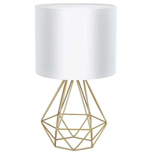 Aigostar Tischlampe, Kleine Nachttischlampe, Modernes Hohlblock-Design Tischleuchte, Schreibtischlampe mit Wei&szlig;em Stoff-Schirm und Metallfu&szlig;, Sockel E14, perfekt f&uuml;r die Dekoration jedes Raums &ndash; Gold