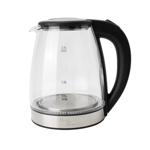Bargain Factory Electric Kettle Glass 2L – 1800W Fast Boil, BPA-Free, Quiet Boil, Blue LED, No Plastic, Boil-Dry Protection, Black Electric Glass Kettle