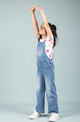 Image of Tweeny Mini Girls Pure Cotton Denim Dungaree for Kids | Relaxed Fit Full Length Overall Outfit with Pockets | Adjustable Straps