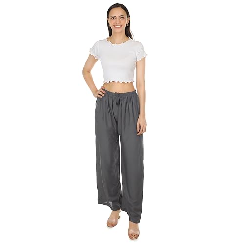 Image of Women's Rayon Palazzo Pants | Solid Color Wide Leg Trousers in 18 Shades | Elastic Waist Casual Bottoms XS-7XL | Comfortable