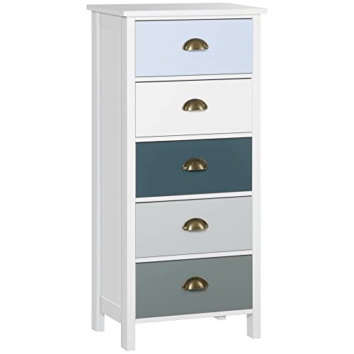 HOMCOM Chiffonnier Commode Meuble de Rangement 5 tiroirs Multicolores avec poignée métal Coquille MDF - dim. 45L x 30l x 95,4H cm