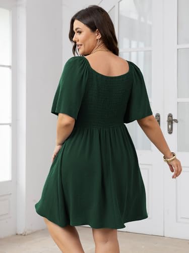 Image of SCOMCHIC Womens Plus Size Summer Dresses Short Sleeve Bow Tie Deep V Neck Elegant Smocked Flowy A Line Mini Dress