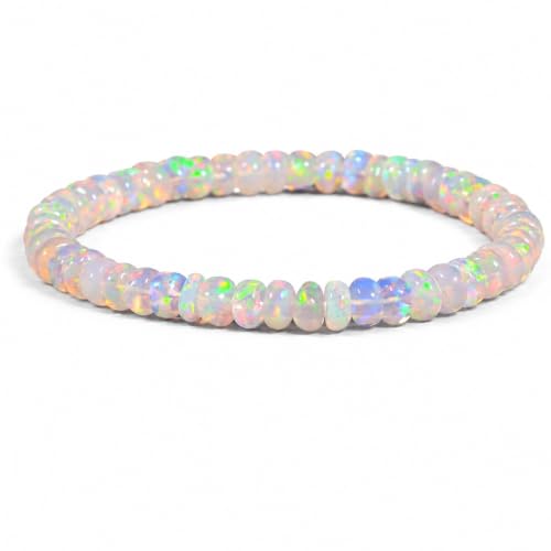 Natural Ethiopian Opal Stretchable Bracelet Welo Fire Smooth Beads Bracelet Rondelle Shape Milky White with Play-of-Color 5 Inch