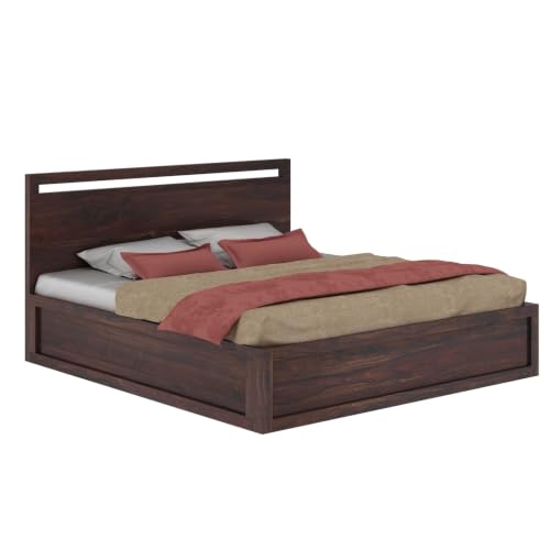 Image of Wooden Queen Size Hydraulic Bed for Bedroom | Solid Sheesham Wood Double Bed Cot Bed with Storage | Walnut Finish