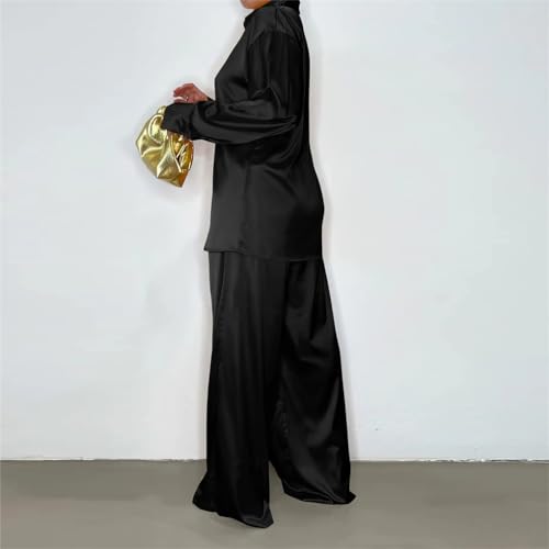 Fulbant Two Pieces Set Outfits For Women Satin Button Shirt Wide Leg Pants Long Sleeve Solid High Wasit Loose Fit Trousers3