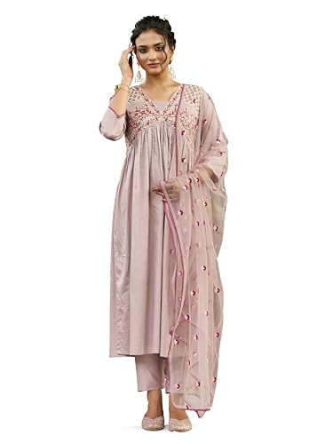 Womanista Women's Cotton Blend Floral Yoke Design Pleated Thread Work Kurta Trouser With Dupatta Set (Kurtaset_1214)