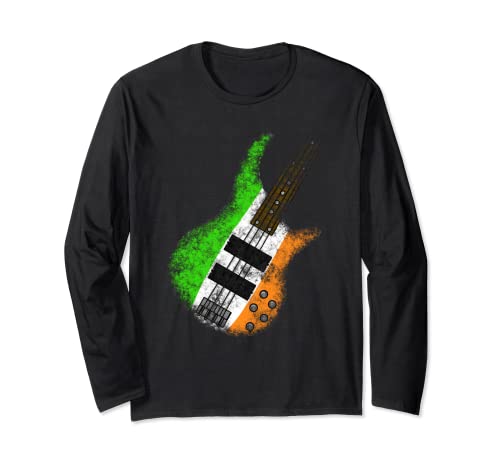 San Patrizio Giorno Basso Chitarra Bandiera Irlandese Bassista Distressed Maglia a Manica