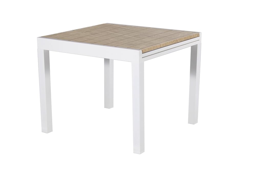 VERDELOOK | Tavolo Allungabile Sicilia Effetto Legno 90/180x90 H74 cm, Tavolo Quadrato da Giardino in Alluminio Verniciato Bianco con Doghe Effetto Legno, Apertura Scorrevole