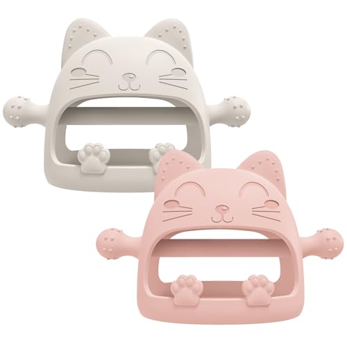 Image of 2 Pack Baby Teether Toys,Silicone Teething Toys for Babies 0-6 Months,Never Drop Baby Chew Toys for Teething Relief, Teething Pacifiers,Baby Toys 0-6 Months,Ideal Gifts for Baby Shower（Cartoon Cat）