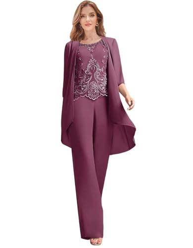 3 Pieces Mother of The Bride Pant Suits for Women Chiffon Lace Applique 3/4 Sleeve Wedding Guest Outfits with Jacket
