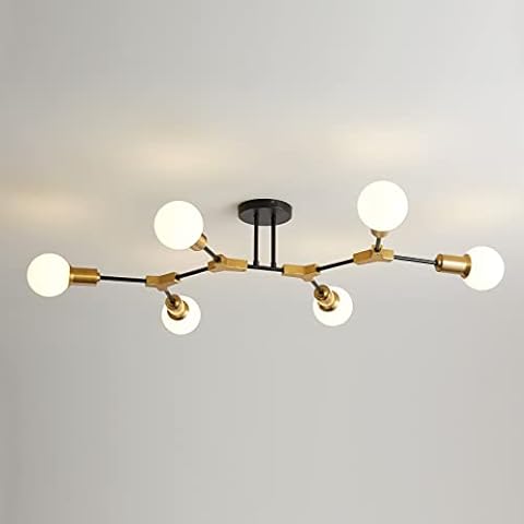 Epinl Modern Sputnik Light Fixture 6-Lights Chandelier Black and Gold Chandelier Metal Semi Flush Mount Ceiling Light for Bedroom Living Room Hallway.E26 Socket Cover