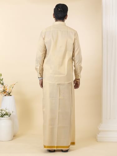 Image of RAMRAJ COTTON Men Gold Tissue Jacquard Full Sleeves Shirt with Matching Dhoti Set