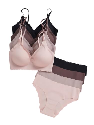 Women's 4 Sets Seamless Lingerie Set Scallop Trim V Neck Padded Bra and Panty