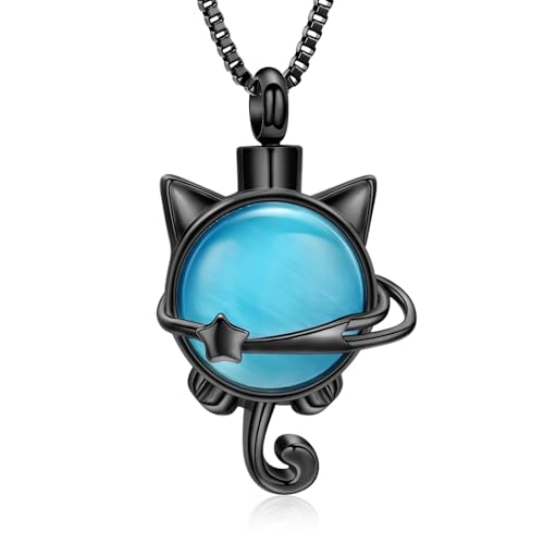 XSMZB Pet Cremation Ashes Jewelry Moonstone Cat Urn Necklace for Ashes for Women Men Lovely Cat Memorial Urn Locket Keepsake Pendant Gift(Black)