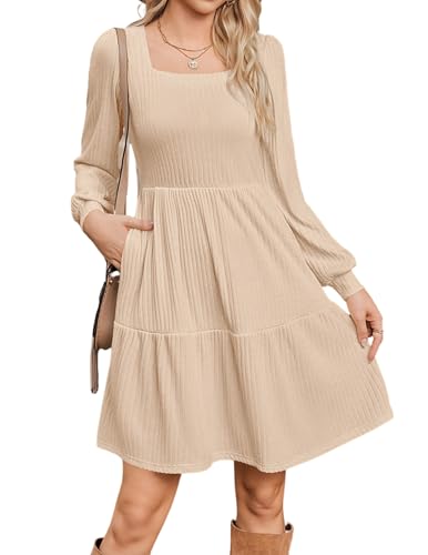 Zeagoo Herbstkleid Damen Langarm Kleid Elegantes Strickkleid mit Taschen Knielange Kleider A Linie Puffärmel für Herbst Winter Beige M