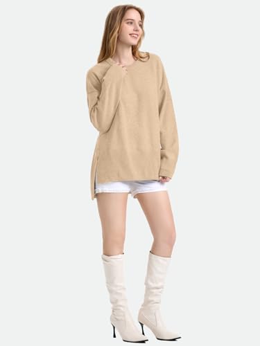 Image of ZANZEA Women's Fall Sweaters 2025 Oversized Loose Long Sleeve Crew Neck Side Slit Dressy Knit Casual Pullover Tops