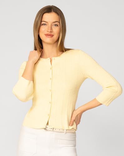 Image of Cable & Gauge 3 /4 Sleeve Cardigan for Women, Crew Neckline & Button Down Front, Stitch Detail