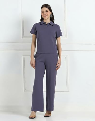 Image of Selvia Solid Two-Piece Co-Ord Set for Women, Top & Wide-Leg Trouser Pants