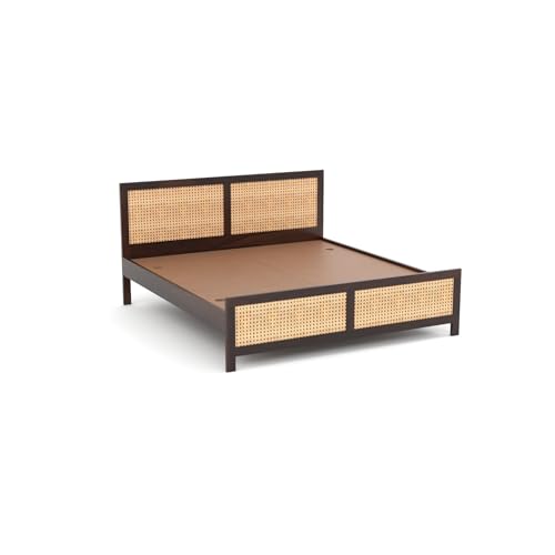 Image of Sheesham Wood Cane Bed Without Storage for Bedroom | King Size Wooden Double Bed Palang with Rattan Headboard & Footboard (Walnut Finish)