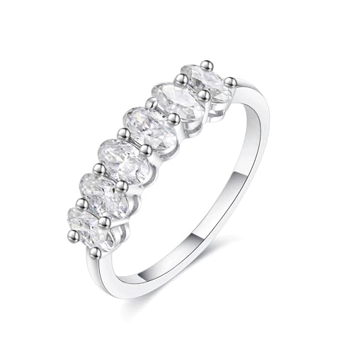IMOLOVE Moissanite Wedding Bands for Women, Dainty 6 Stone Oval Eternity Wedding Band 1.5 Carat Everyday Fashion Silver Moissanite Rings for Women with 18K White Gold Plated Size 5-11
